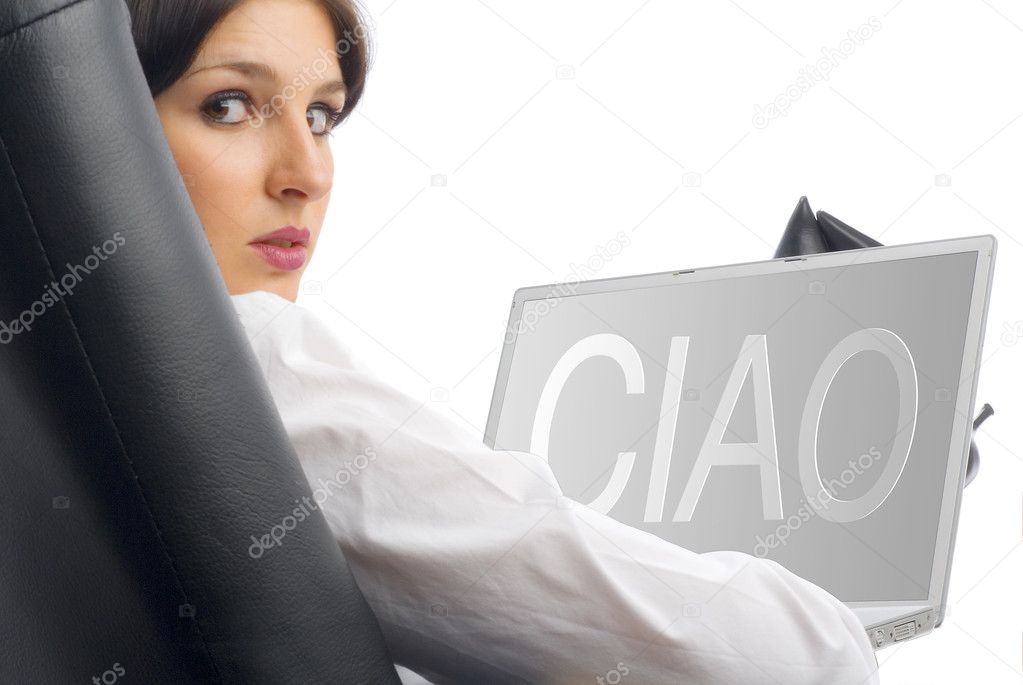 a white collar worker dressing a white shirt sitting on an armchair working with a computer with a ciao screen saver that you can easy take off
