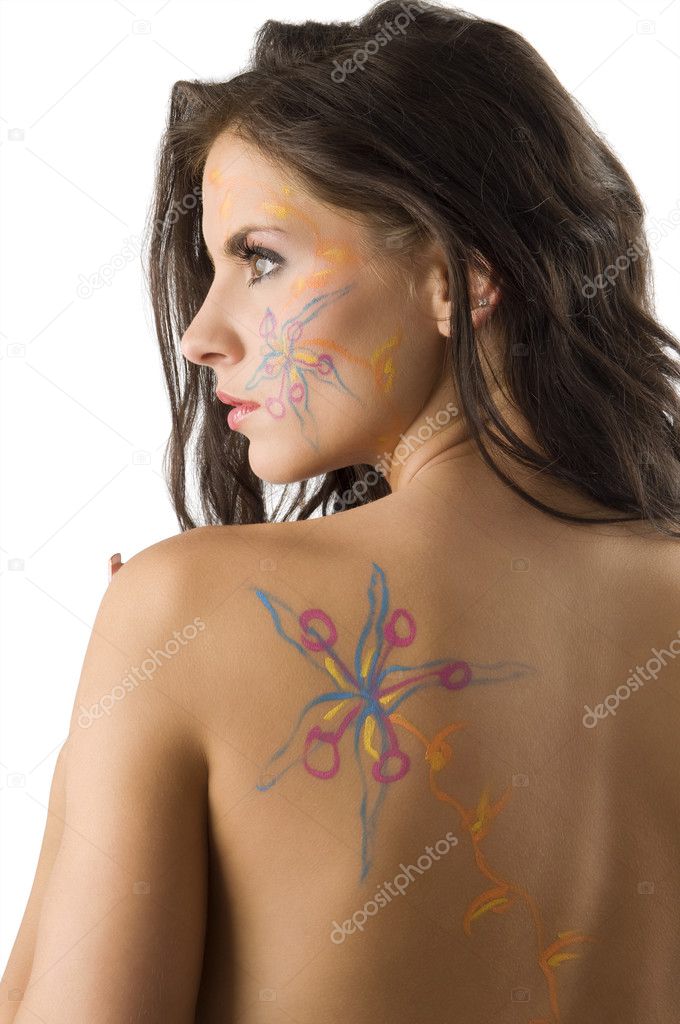 cute woman with a flower drawn on her face and on her nude back