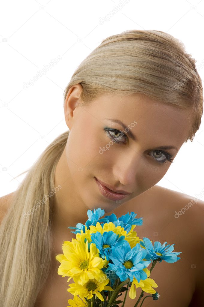 Beauty girl yellow and blue flower
