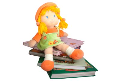 Children's books and a doll isolated clipart