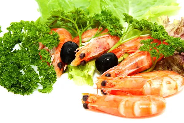 Boiled Shrimp Herbs Olives — Stock Photo, Image