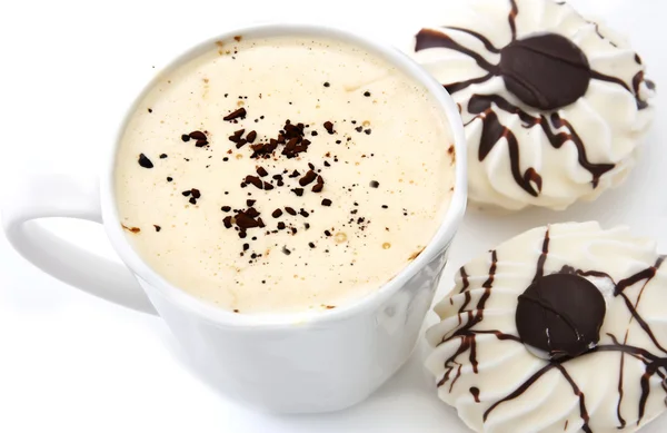Φλιτζάνι Καφέ Και Κέικ Δύο Αέρας Στην Λευκή Σοκολάτα — Φωτογραφία Αρχείου