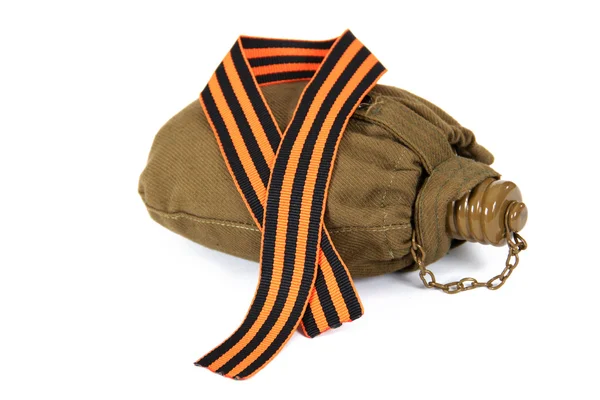 The image of a striped tape lying on the soldier's flask, isolat — Stock Photo, Image