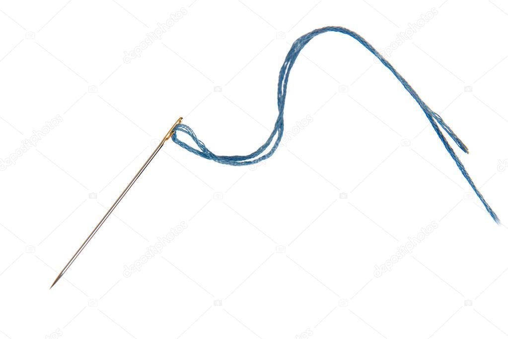 Images of a needle with the blue thread, isolated, on a white ba