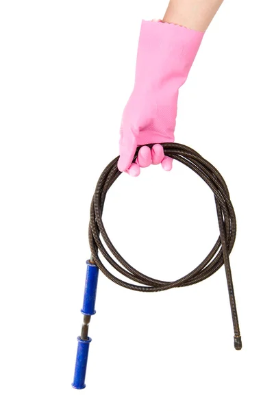 Женская рука в розовой перчатке держит лоточника для слива воды , — стоковое фото
