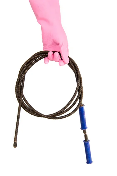 Женская рука в розовой перчатке держит лоточника для слива воды , — стоковое фото