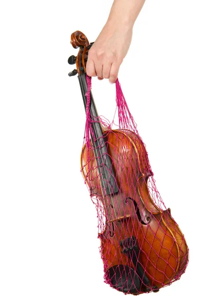 ヴァイオリンは 白い背景で隔離の女性手赤メッシュ — ストック写真