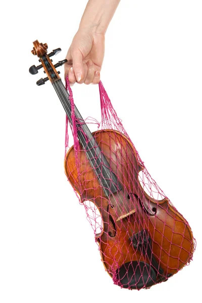 Weibliche Hand Hält Ein Rotes Netz Mit Der Geige Isoliert — Stockfoto