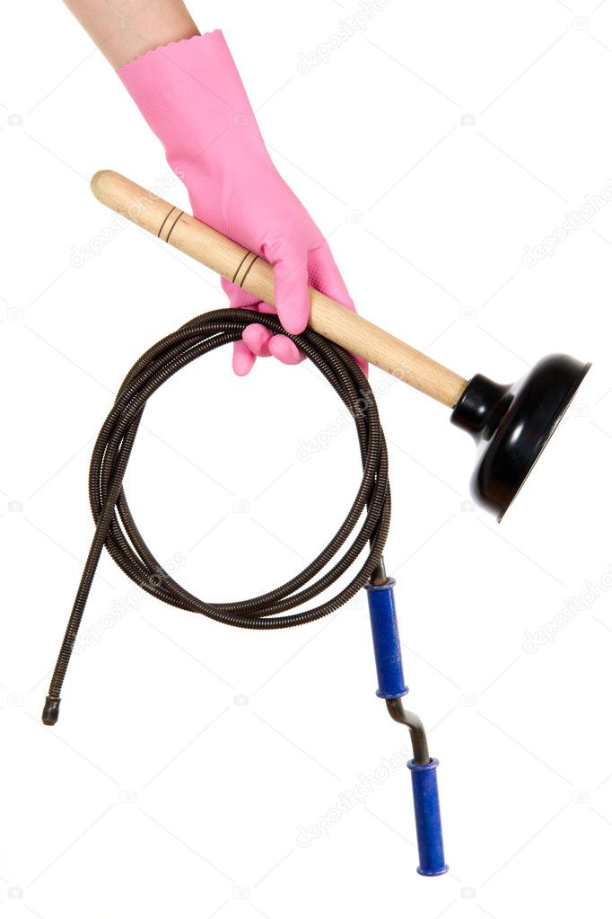 Female hand in a pink glove keeps a ventouse and hawser for the water drain, isolated, on a white background