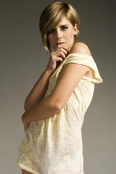 Beautiful Blonde Model Wearing Light Lingerie Shirt — Stock Photo, Image