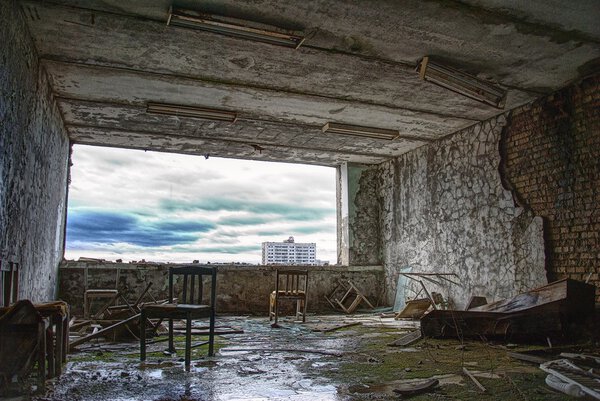 Abandoned room in hotel in Ghost City. Picture taken on the last floor in hotel in the Pripyat city near Chernobyl.