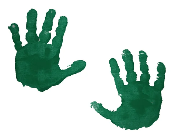 Due mani di bambini verdi isolate su uno sfondo bianco — Foto Stock