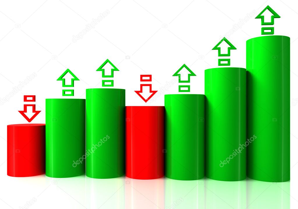3D bar chart graph with arrows moving up on white bachgroung