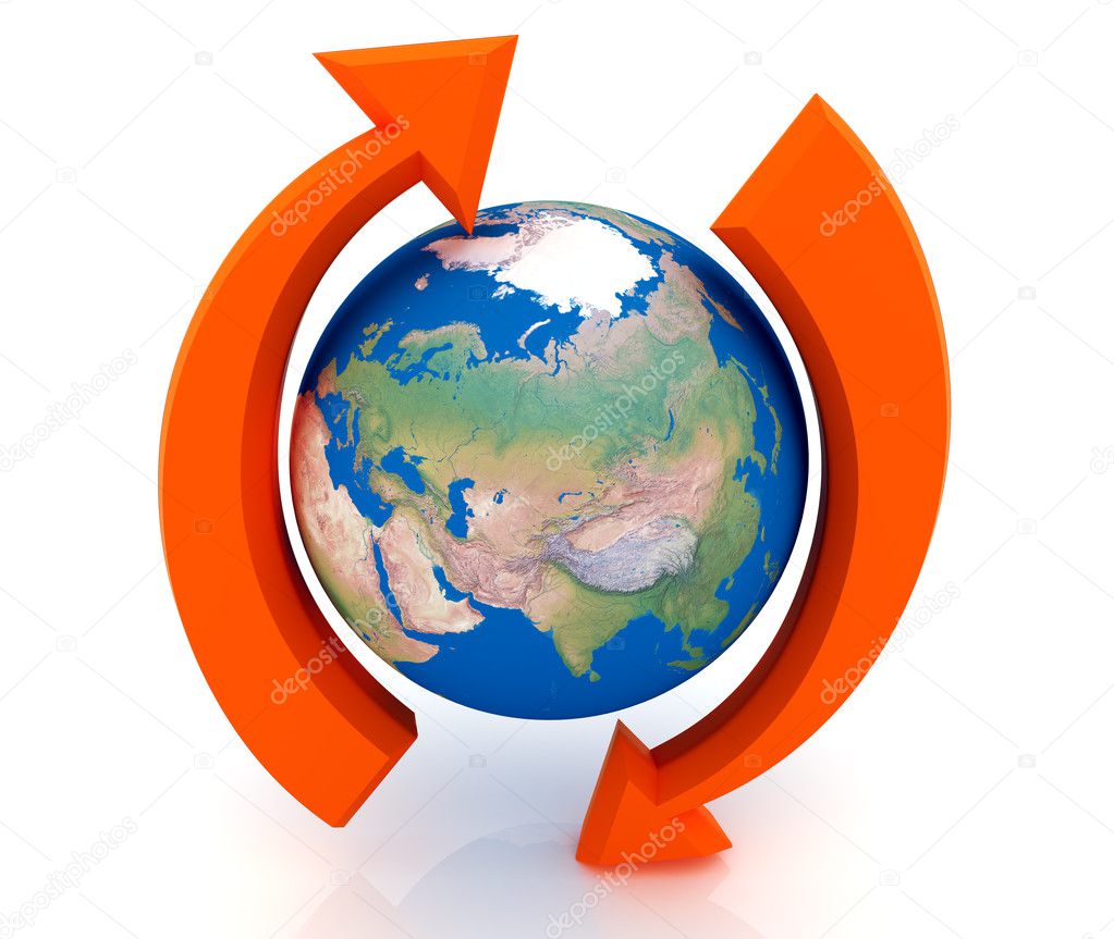Two arrows surrounding Earth globe - 3d render