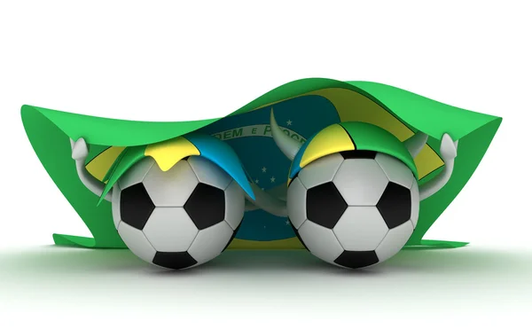 Deux balles de football tiennent le drapeau du Brésil — Photo