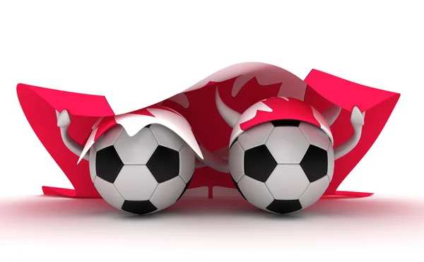 Два футбольных мяча держат флаг Канады — стоковое фото