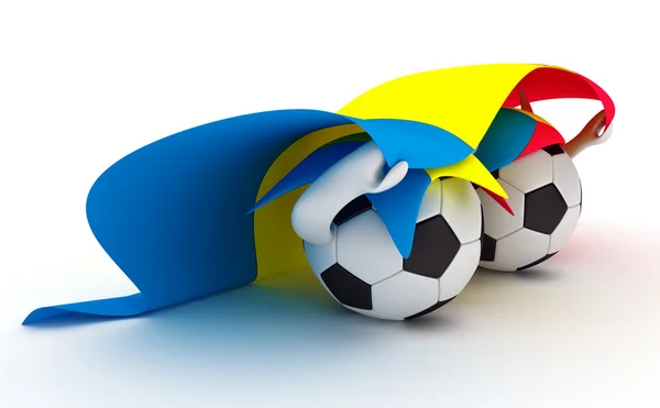 Iki futbol topları Romanya bayrağı basılı tutun. — Stok fotoğraf