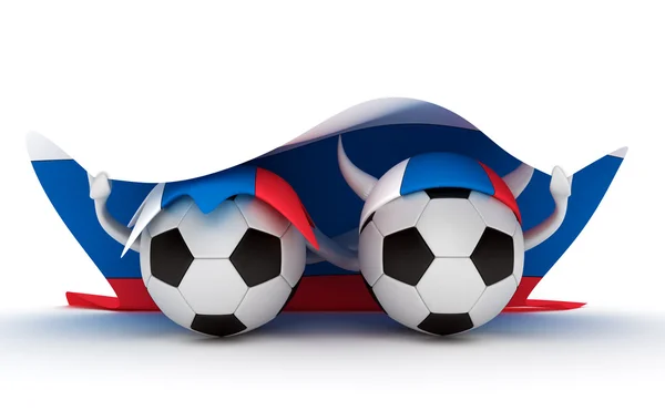 Deux balles de football tiennent le drapeau russe — Photo