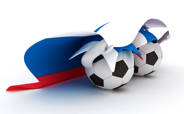 Два футбольных мяча держат флаг России — стоковое фото