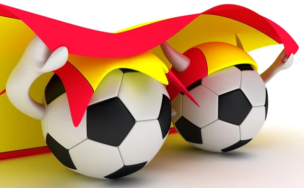 Deux balles de football tiennent drapeau espagnol — Photo