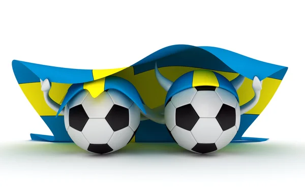 Dos pelotas de fútbol sostienen bandera de Suecia — Foto de Stock