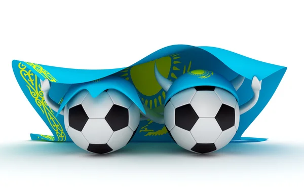 Zwei Fußballbälle halten kasachische Flagge hoch — Stockfoto