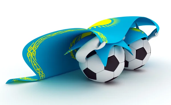 Två fotbollar hålla Kazakstan flagga — Stockfoto