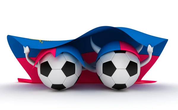 Duas bolas de futebol segurar bandeira Liechtenstein — Fotografia de Stock