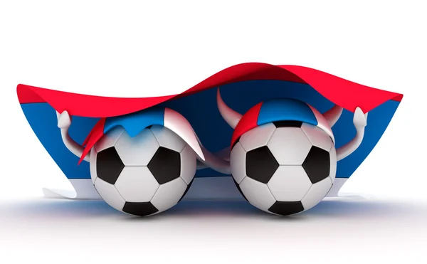 Iki futbol topları Sırbistan bayrağı basılı tutun. — Stok fotoğraf