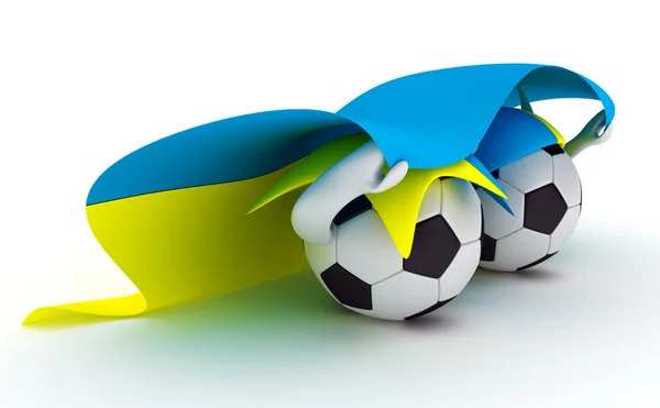 Duas bolas de futebol segurar a bandeira da Ucrânia — Fotografia de Stock
