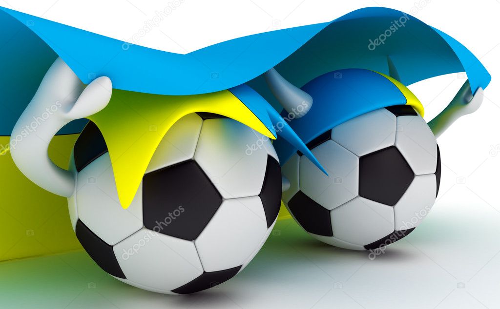 Two soccer balls hold Ukraine flag