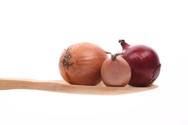 Onions Simply Offered Wooden Spoon Isolated White Background — Stock Photo, Image