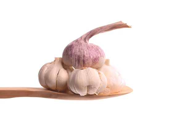 Garlic Simply Offered Wooden Spoon Isolated White Background — Stock Photo, Image