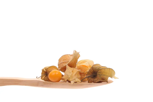 Physalis on a wooden spoon isolated on a white background — Stock Photo, Image