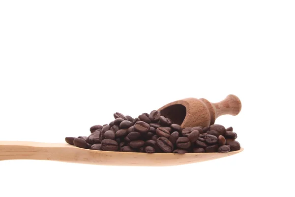 Coffee beans on a wooden spoon isolated on a white background — Stock Photo, Image