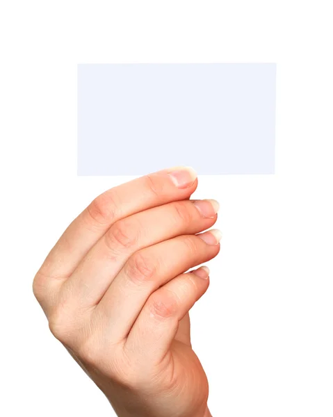 Visitkort i handen på vit bakgrund — Stockfoto