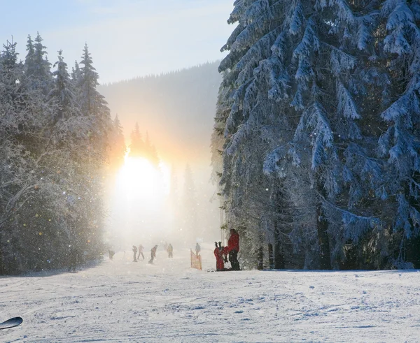 El polvo de nieve deslumbra brillando en la pista de esquí de invierno —  Fotos de Stock