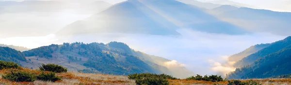 Alba nebbiosa di montagna con raggio di sole e foschia — Foto Stock