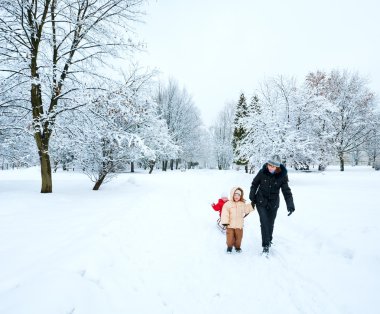 Mutlu aile (küçük erkek ve kız annesiyle) kış Şehir Parkı