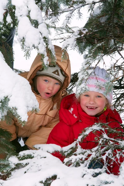 Ευτυχής Μικρό Αγόρι Και Κορίτσι Πάρκο Της Πόλης Του Χειμώνα — Φωτογραφία Αρχείου