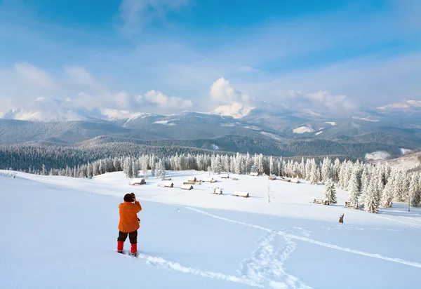 Zima Spokojnej Górskiej Rzuca Grupy Fotograf Grzbiet Góra Kukol Montażu — Zdjęcie stockowe