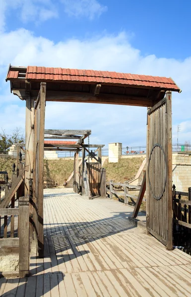Vista Portão Ponte Sobre Fosso Para Antigo Castelo Zolochiv Ucrânia — Fotografia de Stock