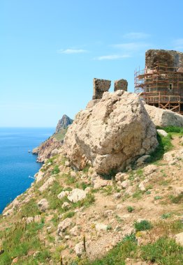 Summer coastline and view of ancient Genoese fortress (Near Balaclava Town, Crimea, Ukraine) clipart