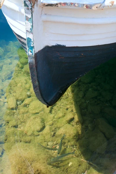 Proa Madera Barco Muelle Peces Agua —  Fotos de Stock