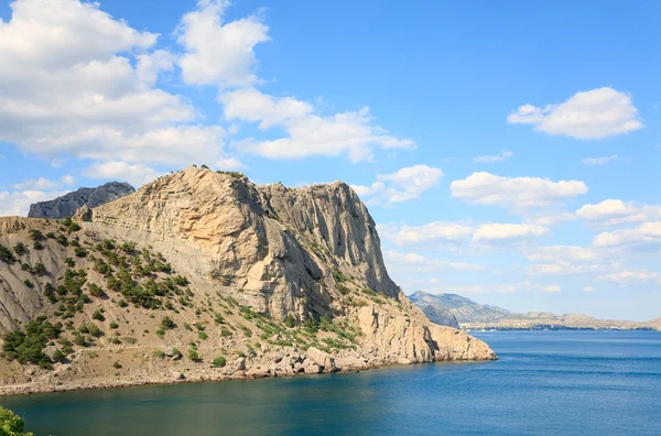 多岩石的海岸线与松树在蓝色的天空和大海背景 Novyj 斯维特 克里米亚 乌克兰 — 图库照片