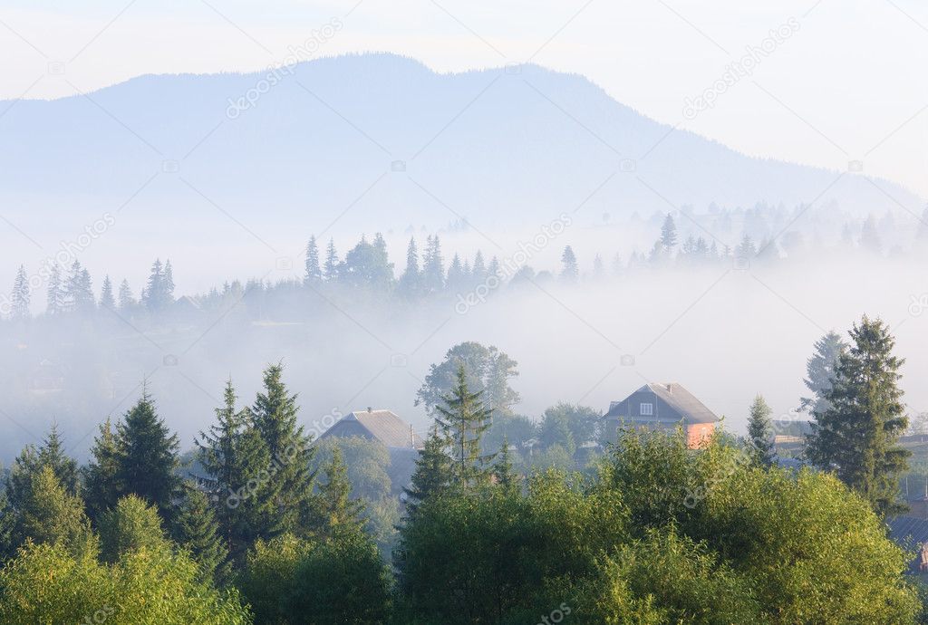Summer misty mountain village (countryside landscape)