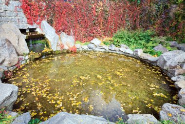 Pond water surface with yellow leafs and small waterfall in autumn park clipart