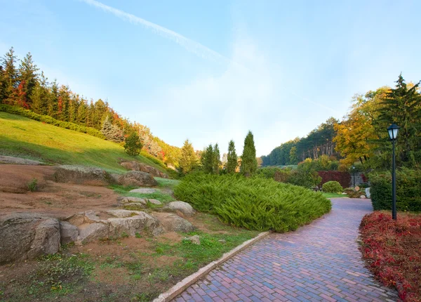 stock image Pedestrian path and fir trees on hill in beautiful autumn city park