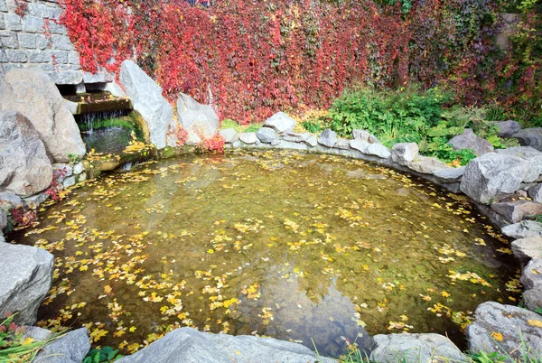 池塘水表面与黄色枫叶和秋天公园的小瀑布 — 图库照片