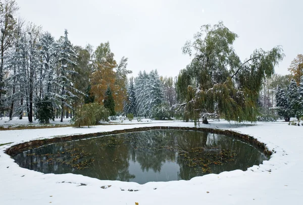第一个秋天突然雪中的城市公园和小池塘 — 图库照片